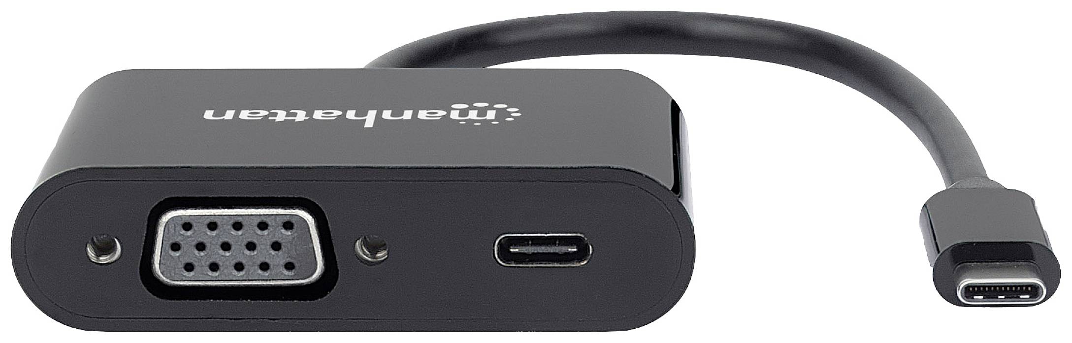 Adaptér značky 'Manhattan' s USB-C portom na jednej strane a VGA a USB portmi na druhej strane.