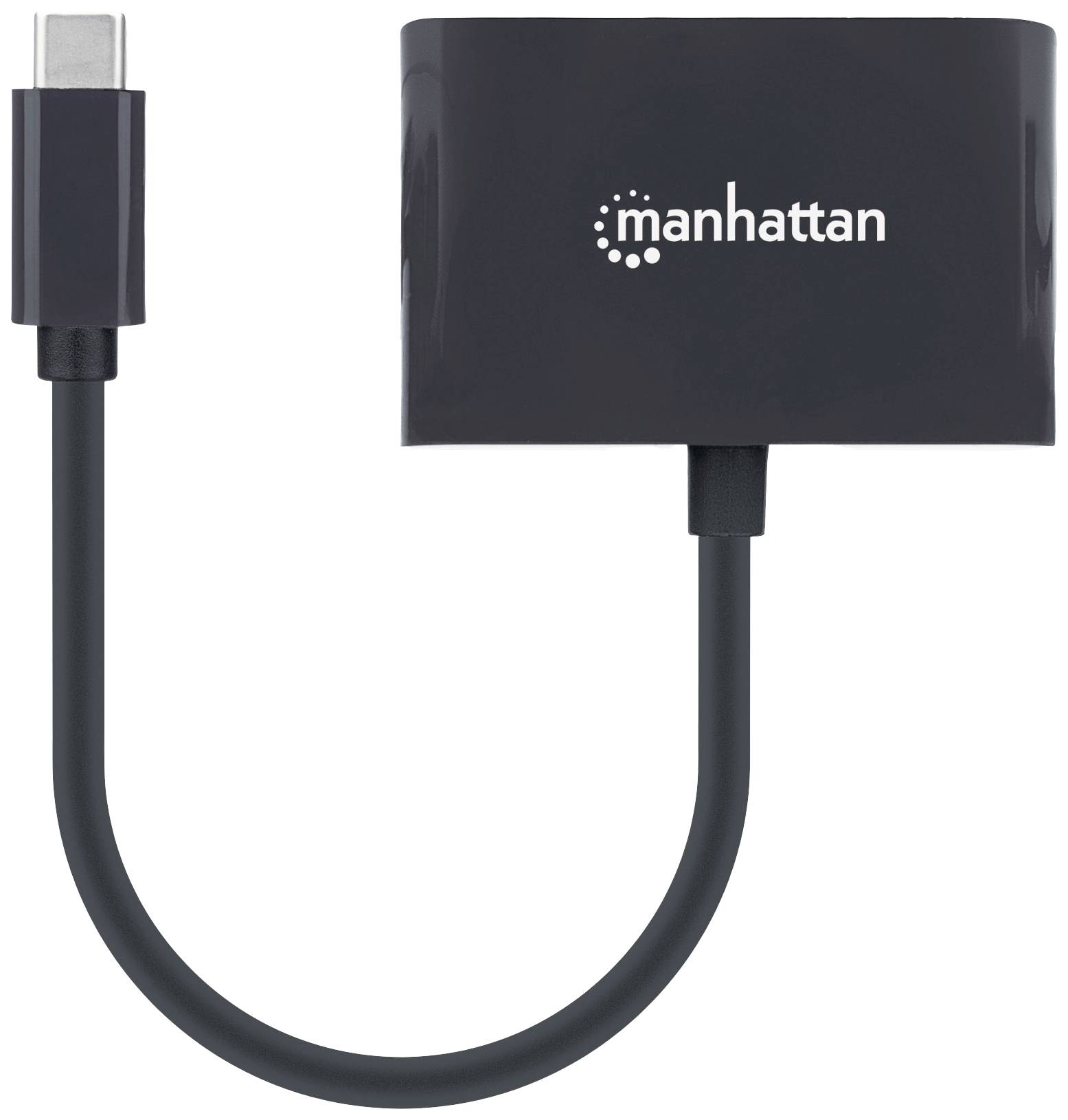 Čierny adaptér s USB-C zástrčkou a HDMI zásuvkou od spoločnosti 'Manhattan'.