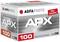 Škatuľa s potlačou 'AGFAPHOTO APX 100 PROFESSIONAL', zvýraznené 'New Emulsion', vhodná pre čiernobiele tlače, veľkosť 135×36.
