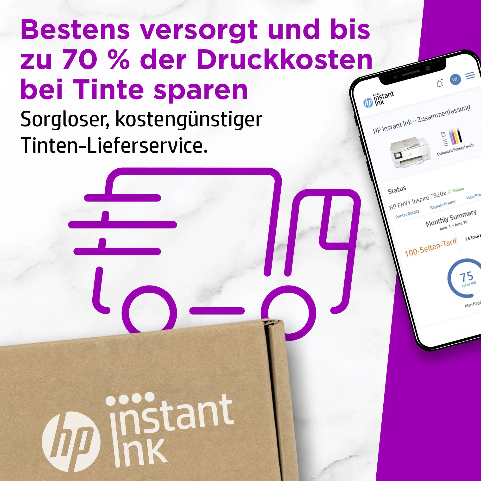 Obrázok s logom nákladného auta a kartónom prezentuje reklamu na HP Instant Ink, službu dodávky atramentu, ktorá údajne môže ušetriť až 70 % nákladov na tlač.