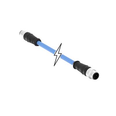 Modrý elektrický kábel s čiernymi konektormi na oboch koncoch a symbolom blesku v strede.