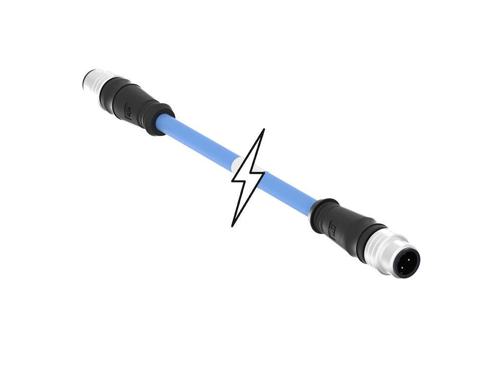 Modrý kábel s čiernymi a striebornými konektormi na oboch koncoch, uprostred symbol blesku, ktorý pravdepodobne označuje elektrickú spojitosť.