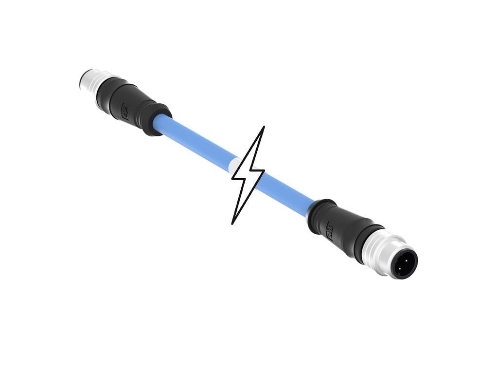 Modrý kábel so zástrčkami na oboch koncoch a bleskom uprostred, čo naznačuje elektrickú spojitosť.