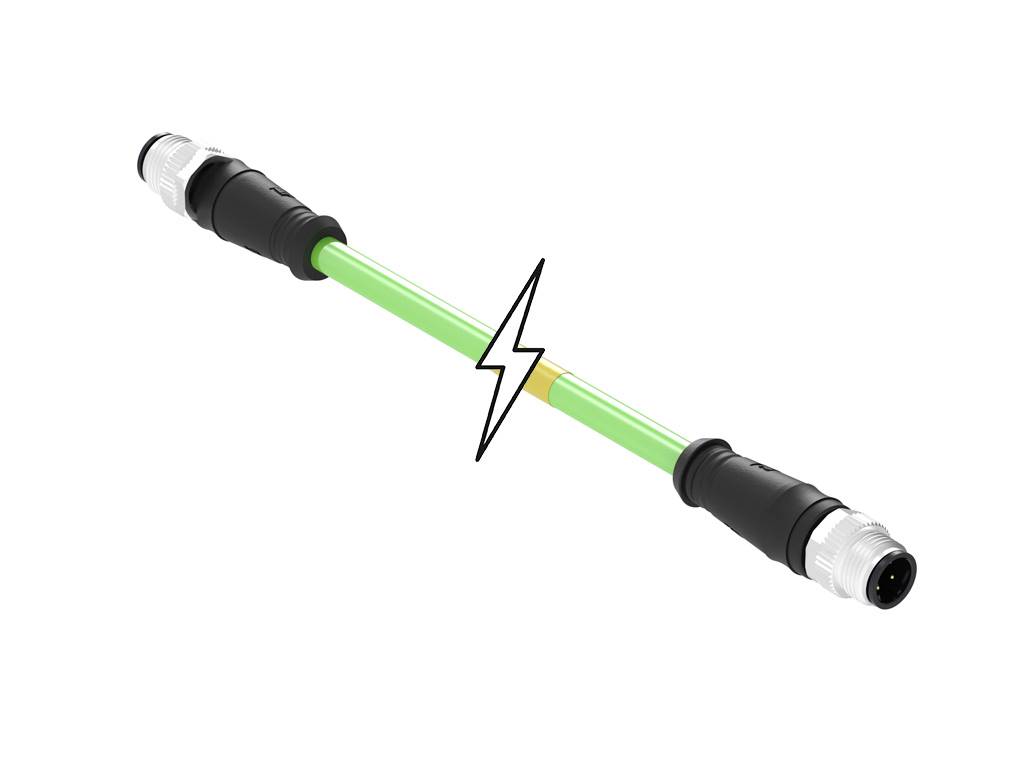 Zelený elektrický kábel s čiernymi koncovkami na oboch stranách, so symbolom elektrickej energie uprostred.