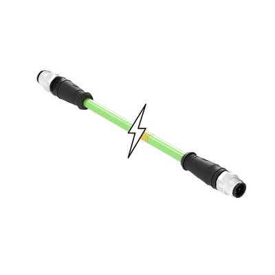 Zelený elektrický kábel s čiernymi koncovkami na oboch stranách, so symbolom elektrickej energie uprostred.