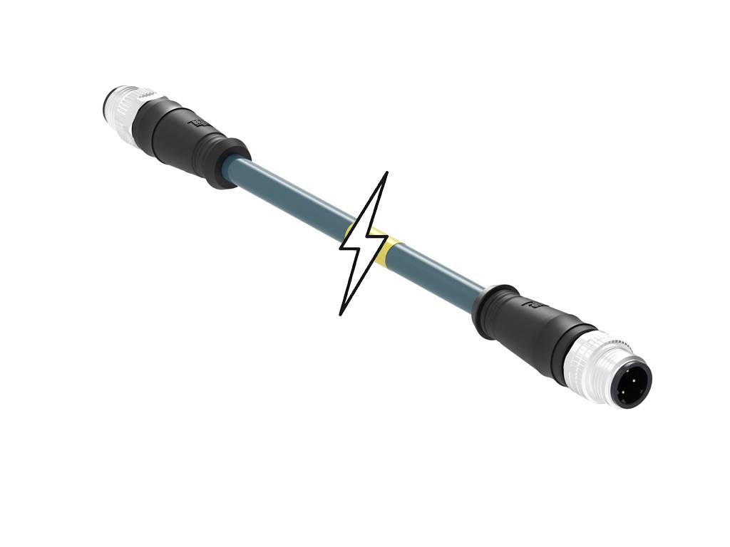Elektrický kábel so zástrčkami na oboch koncoch a bleskom uprostred, ktorý poukazuje na elektrické vedenie.