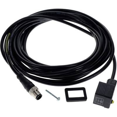 Dlhý čierny kábel s kovovým konektorom, skrutkou a obdĺžnikovým dielom sú rozložené. Používa sa na elektronické prepojenia.