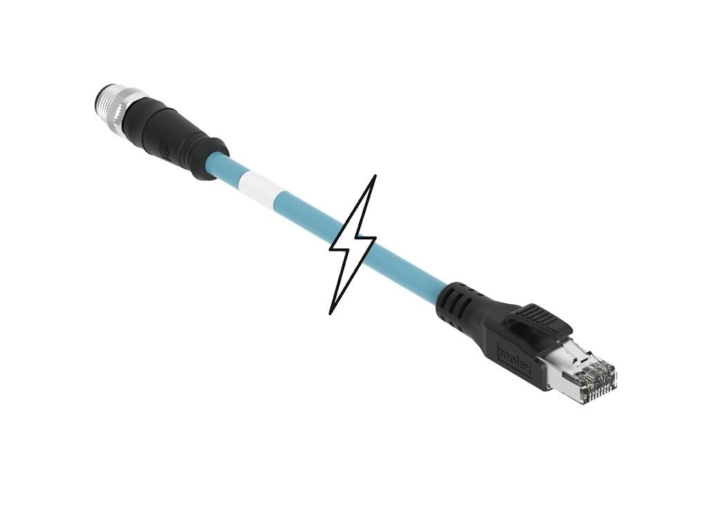 Priemyselný sieťový kábel s RJ45 konektorom, robustný a tyrkysovej farby, symbolizuje sieťové prepojenie.
