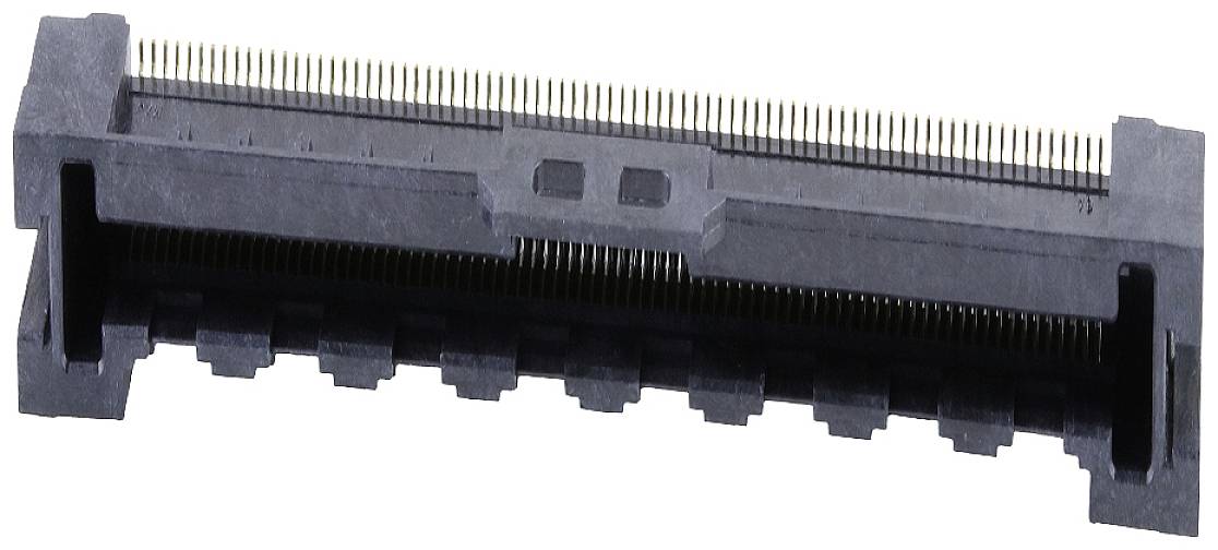 Tmavý elektronický konektor s početným množstvom malých kovových kolíkov, zobrazený z boku.