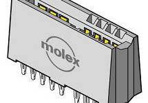 Elektronický konektor od spoločnosti Molex, zobrazujúci kovové kolíky a plastové puzdro, typicky používaný pre dosky plošných spojov.
