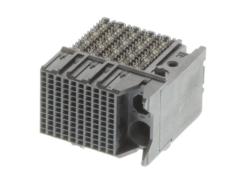 Obdĺžnikový elektronický konektor s viacerými malými kovovými pinmi. Vhodný pre technické zariadenia.