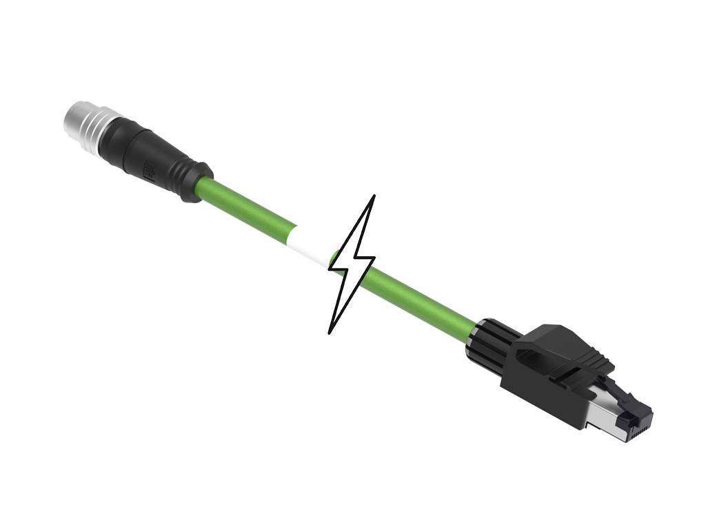 Zelený ethernetový kábel s bleskom v strede, ktorý znázorňuje signálovú komunikáciu alebo rýchlosť pripojenia.