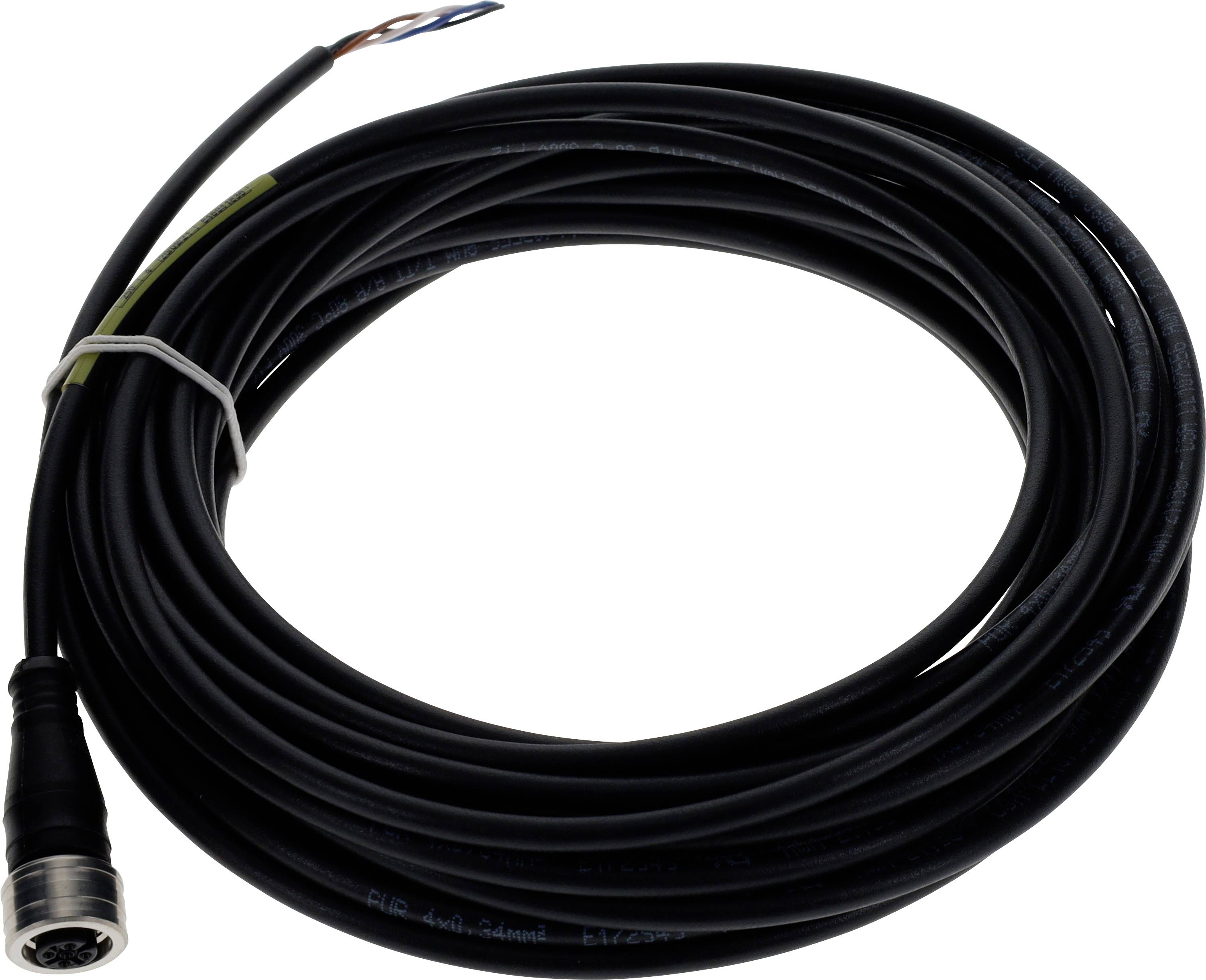 Stočený čierny kábel s konektorom na jednom konci a obnažený vodičmi na druhom konci, vhodný pre elektrické alebo elektronické zariadenia.