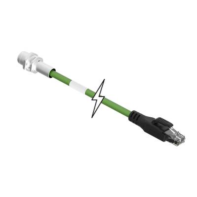 Zelený sieťový kábel so zástrčkami na oboch koncoch, prestúpený štylizovanou čiarou blesku, ktorá symbolizuje prenos dát.