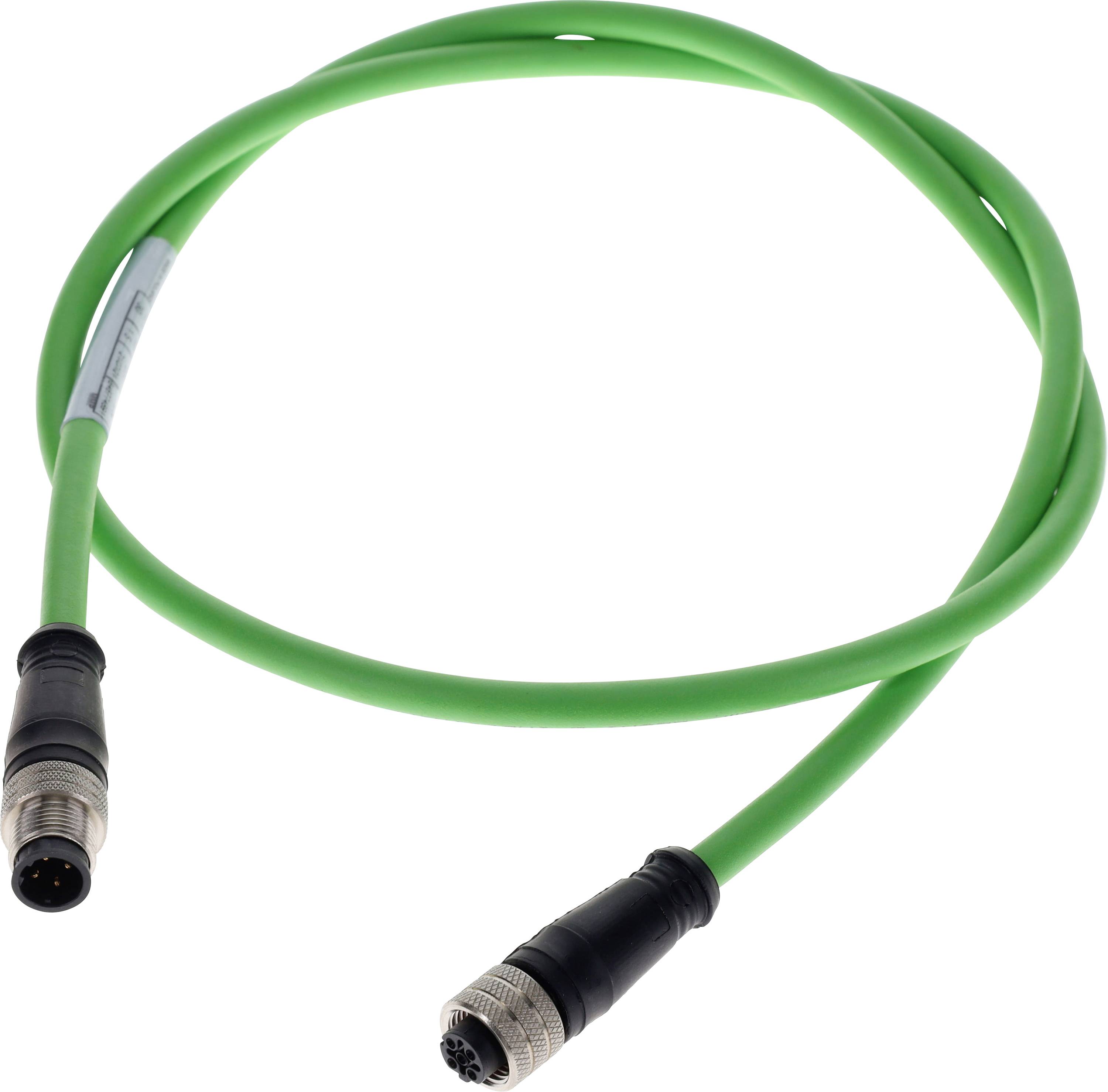 Zelený stočený kábel s kovovými konektormi na oboch koncoch, ktorý sa zvyčajne používa na elektrické alebo dátové prepojenia.