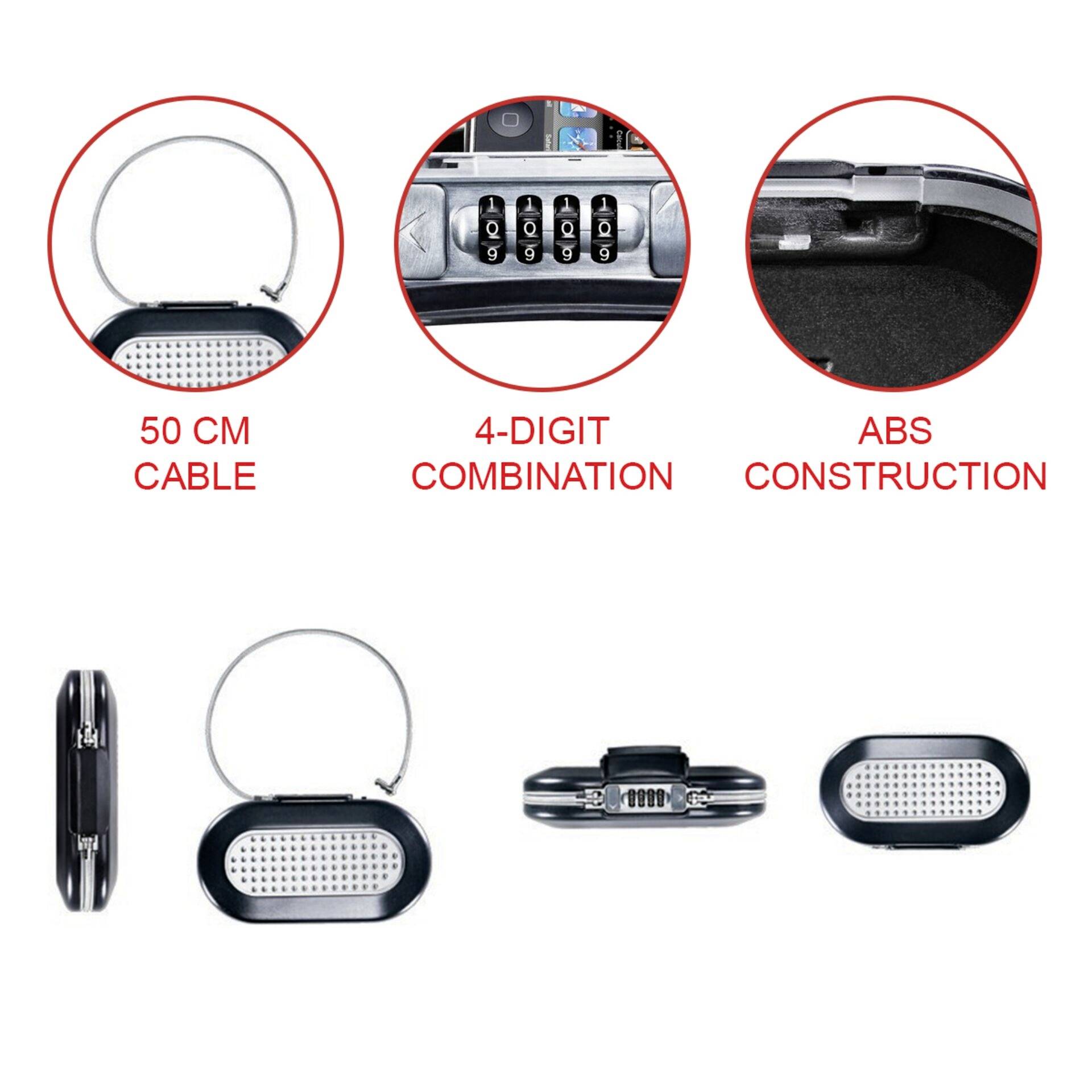 Obrázok zámku na kufor s '50 cm káblom', '4-miestnou kombináciou' a 'konštrukciou z ABS plastu', zobrazuje rôzne pohľady.