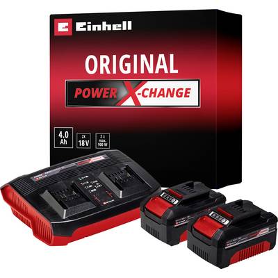 Obrázok zobrazuje dve nabíjačky Einhell s dvoma akumulátormi v každom prípade. Nabíjačky sú vhodné pre akumulátory Einhell Power X-Change 18V.