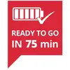 Červený symbol s ikonou batérie a zaškrtnutím. Text: 'PRIPRAVENÉ ZA 75 min', čo označuje 75-minútový čas nabíjania.