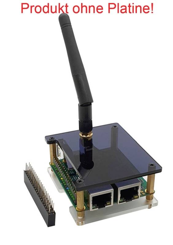 Rádiový modul s anténou a konektormi, nad ktorým je zobrazený text 'Produkt bez dosky plošných spojov!'