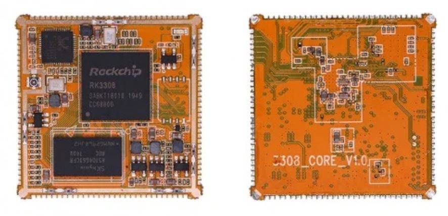 Dva oranžové mikročipy vedľa seba. Ľavý čip zobrazuje text 'Rockchip', pravý čip zobrazuje elektrické obvody bez textu.