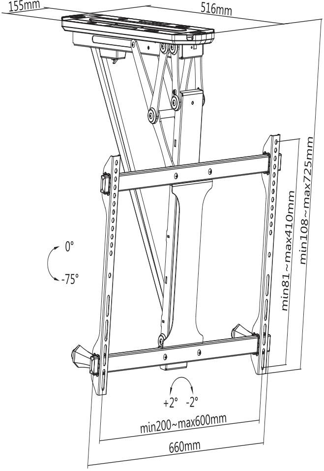 Náčrt nastaviteľného TV držiaka na stenu s rozmermi a uhlami sklonu. Šírka 660 mm, hĺbka 516 mm, výška 200-725 mm.
