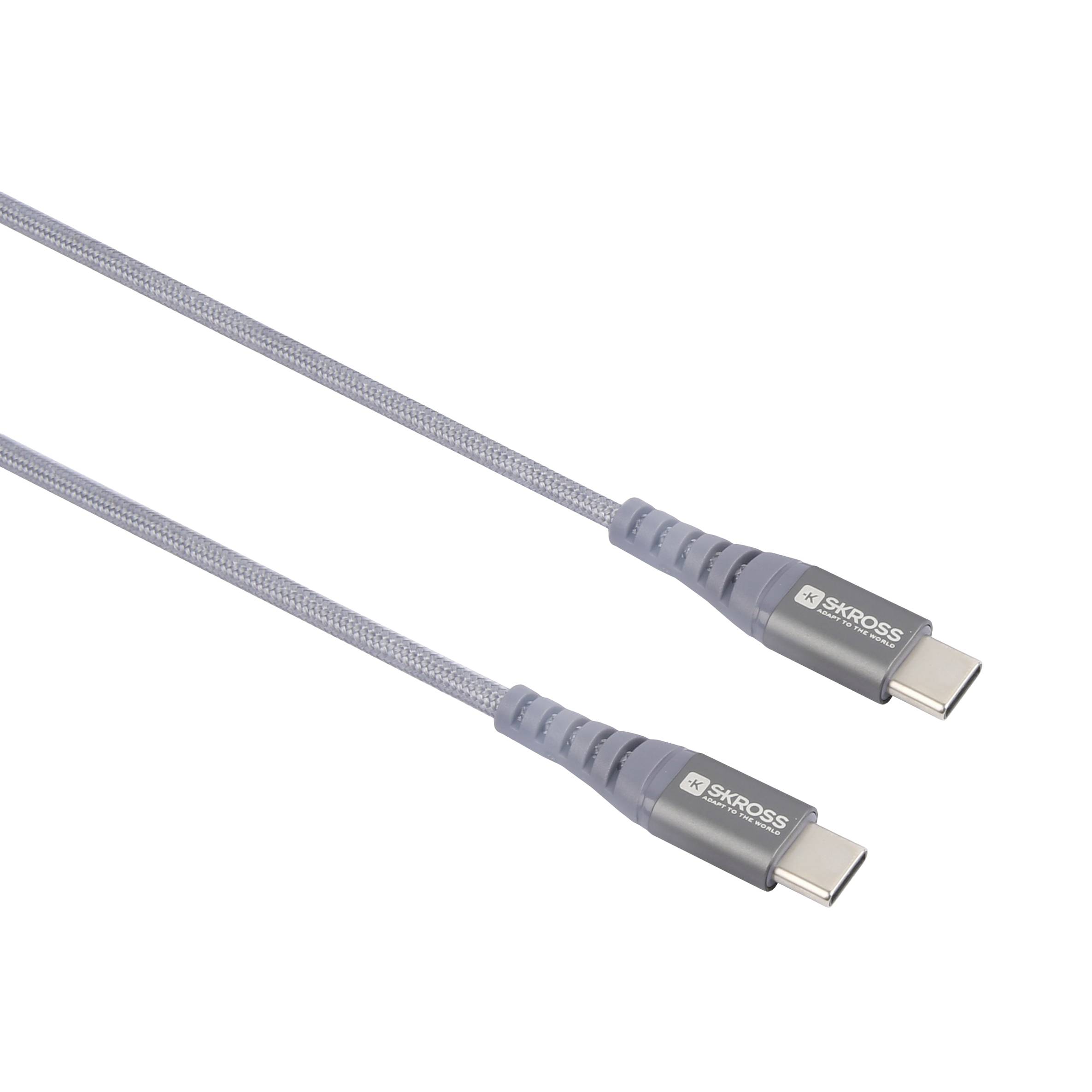 Sivý USB-C kábel s dvoma koncovkami, vhodný pre rôzne zariadenia, označený logom výrobcu.