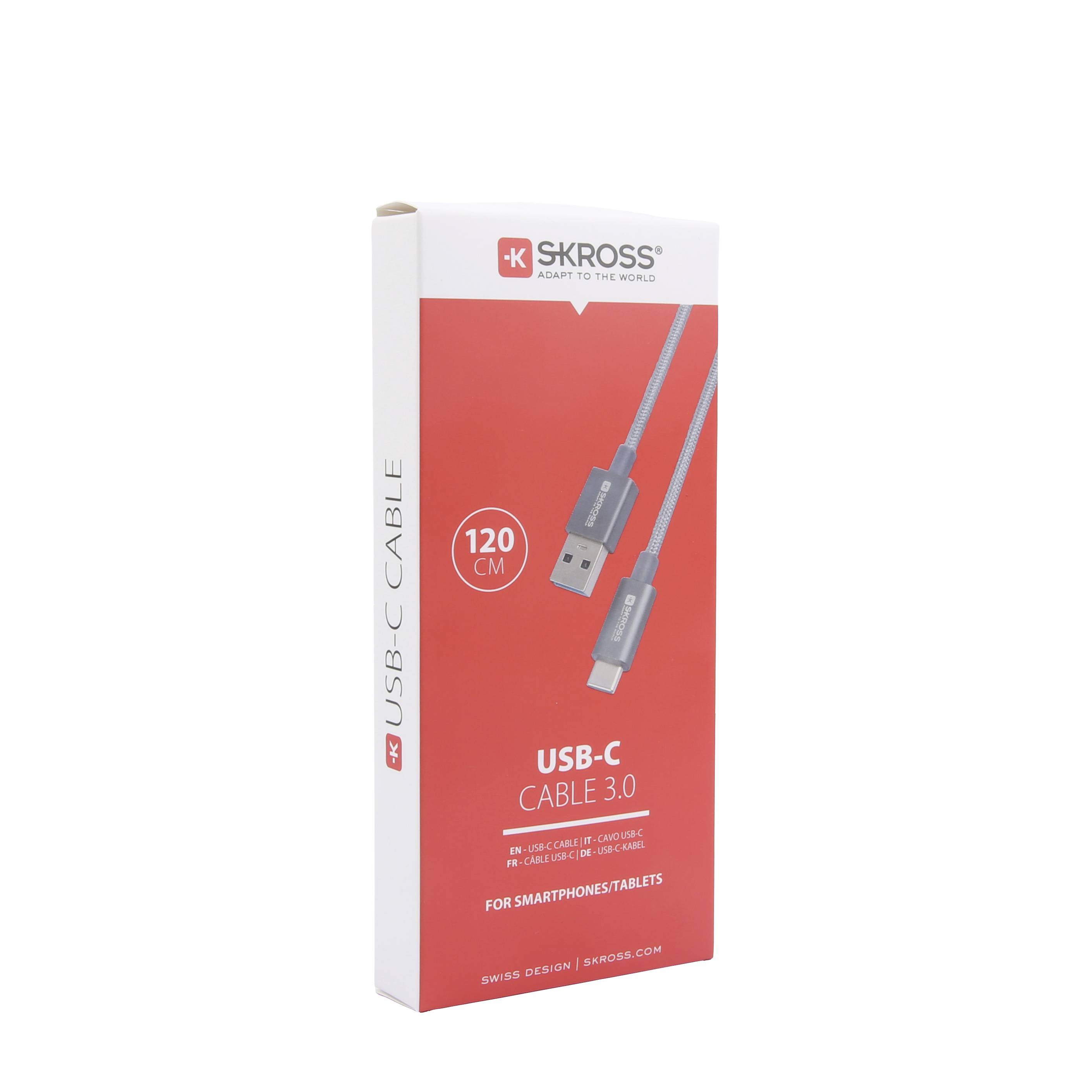 Červený obal zobrazuje USB-C na USB kábel s dĺžkou 120 cm, vhodný pre smartfóny a tablety. Značka: Skross, USB 3.0.