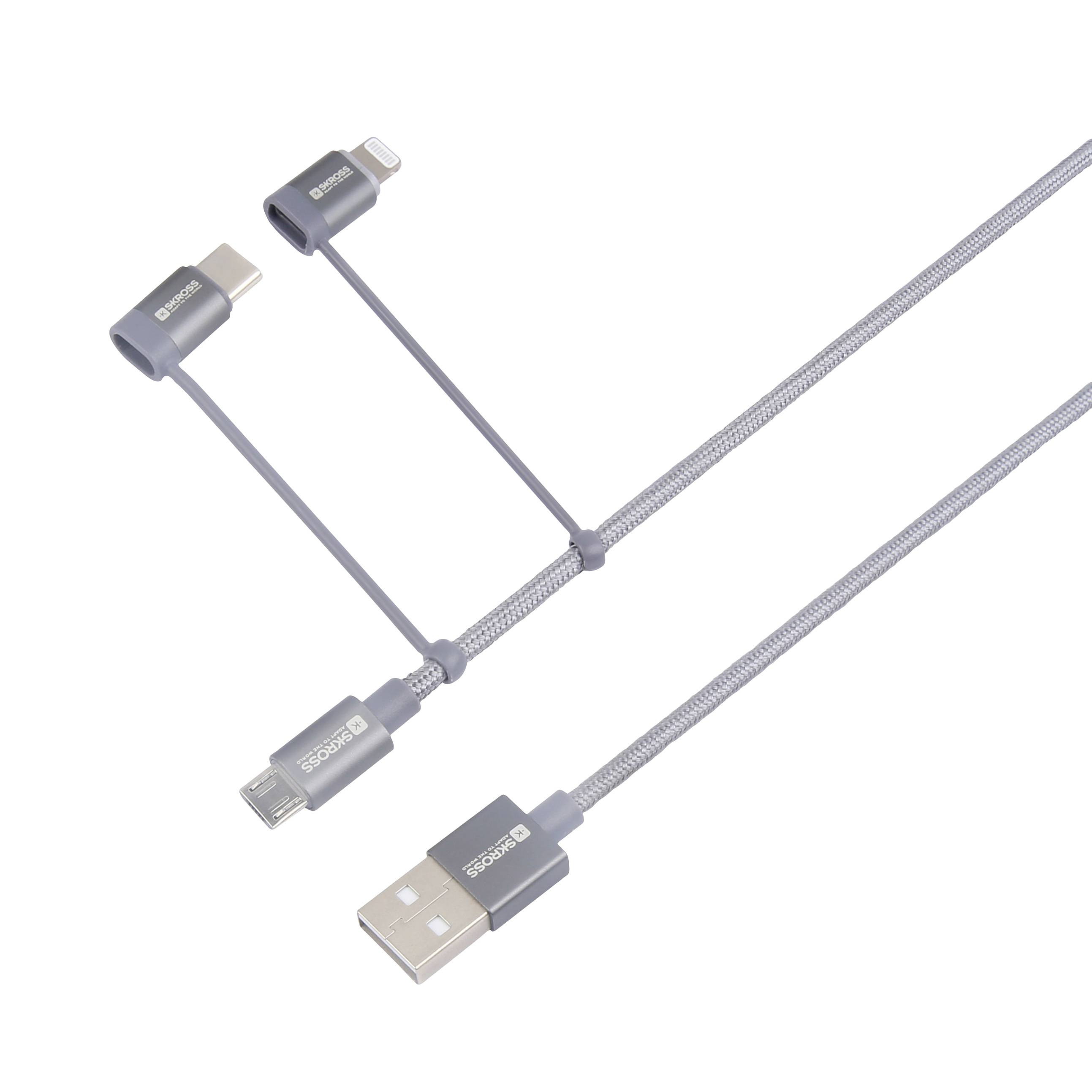Trojitý USB nabíjací adaptér s konektormi USB-C, Micro-USB a Lightning, vhodný pre viaceré typy zariadení.