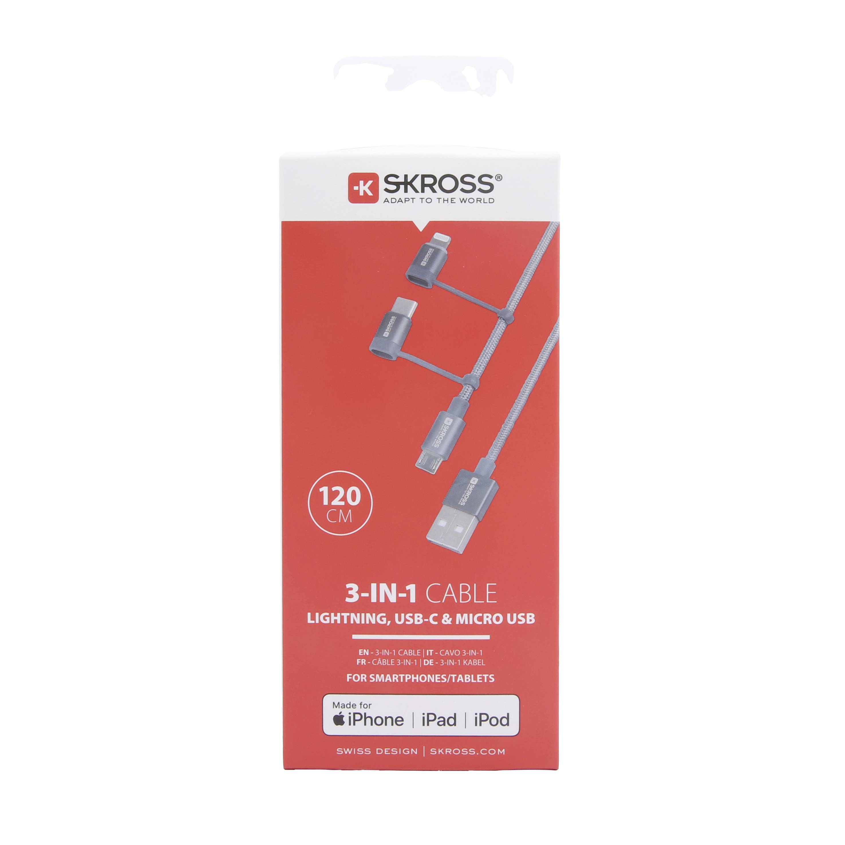 Obal 'SKROSS 3-in-1 Kábel' ukazuje kábel s konektormi Lightning, USB-C a Micro USB. Dĺžka 120 cm, vhodný pre iPhone, iPad, iPod.