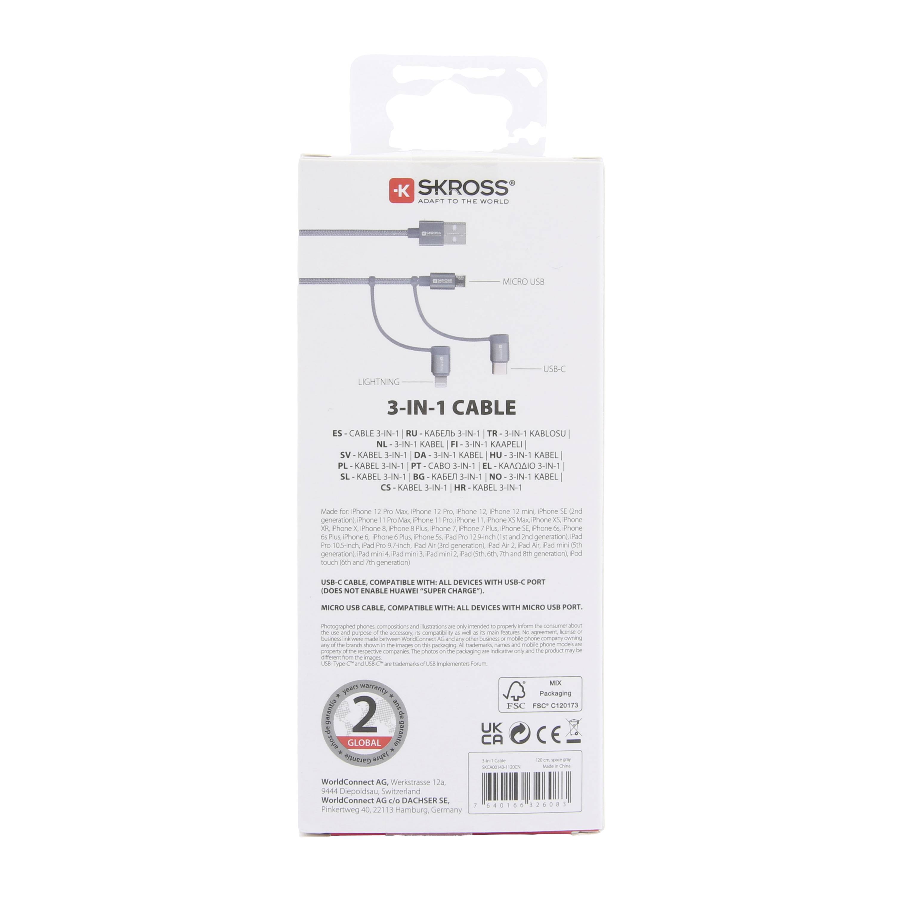 Zadná strana bielej obalu s červeným názvom značky v hornej časti. Obsahuje tri typy káblov: Micro USB, Lightning a USB-C.