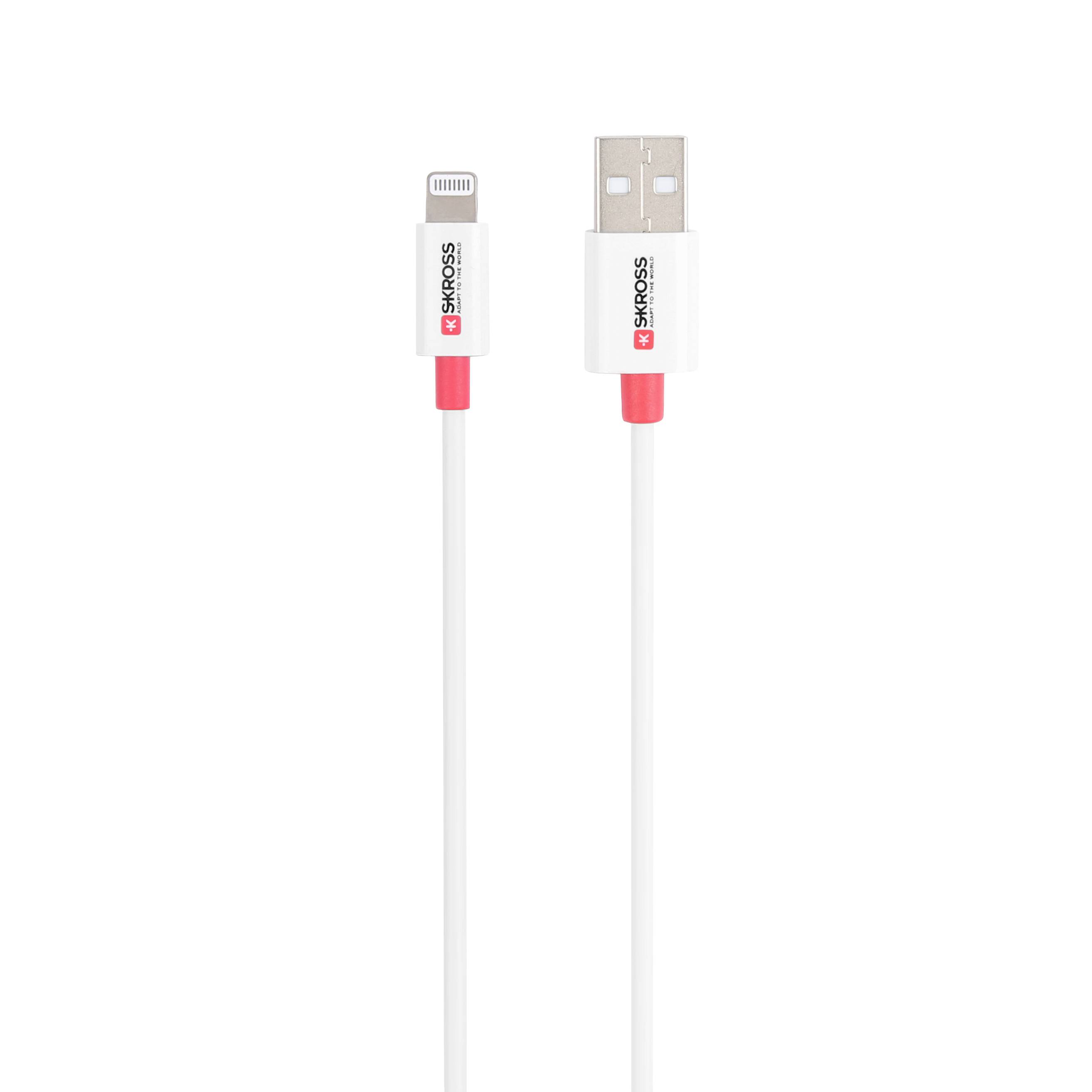 Biele USB kábel s Lightning konektorom vľavo a USB konektorom vpravo. Oba konektory sú zdobené červeným detailom.