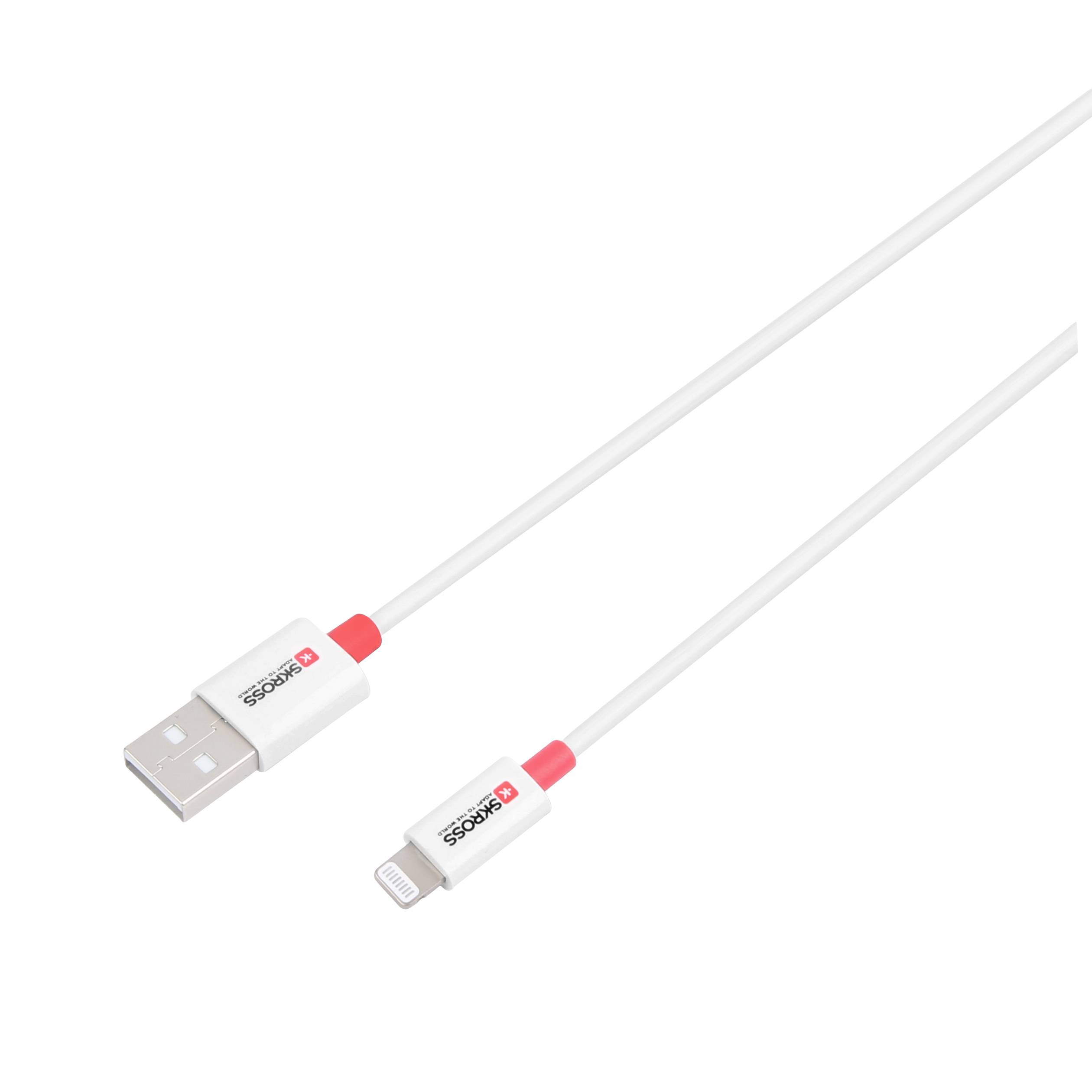 Biely USB na Lightning kábel s červenými akcentmi; vhodný na nabíjanie a synchronizáciu zariadení s Lightning konektorom.