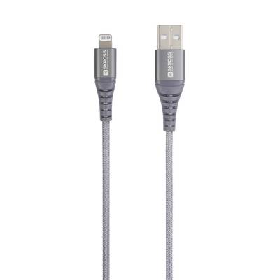 USB kábel s Lightning konektorom a USB-A konektorom, vhodný na nabíjanie a synchronizáciu zariadení, kovový obal pre odolnosť.