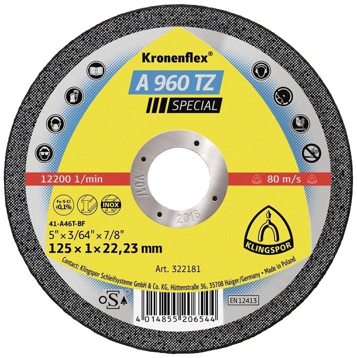 Klingspor A 960 TZ Special 322181 Doorslijpschijf recht 125 mm 25 stuk(s) RVS