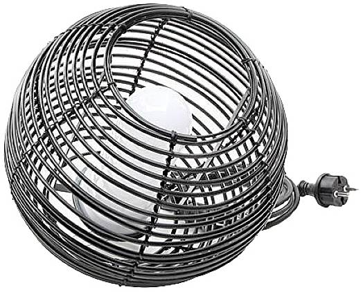 Čierna, guľovitá klietková lampa so viditeľnou bielou žiarovkou a elektrickým káblom, vhodná do moderného interiéru.