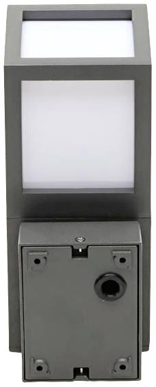 Sivé nástenné svietidlo so štvorcovým puzdrom a bielym matným svetelným poľom, vhodné do exteriéru.