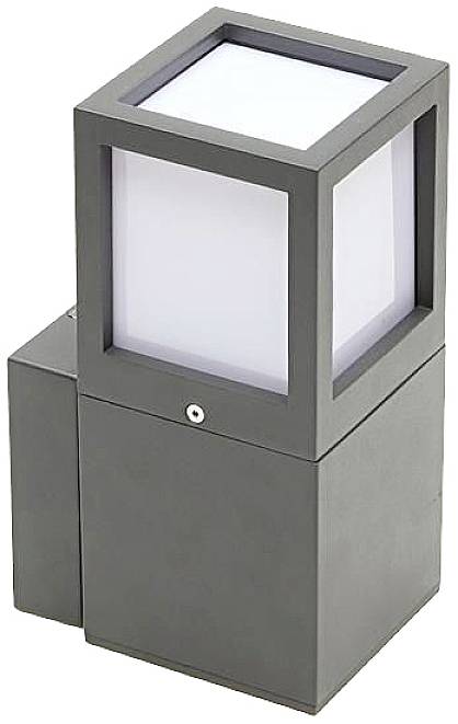 Moderná, štvorcová vonkajšia lampa z šedého kovu s matným sklom; minimalistický dizajn, vhodná do záhrady alebo vstupného priestoru.