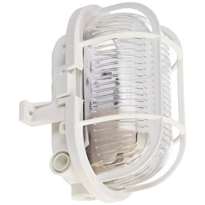 Nástenná lampa s okrúhlym kovovým košom a klenutým sklom, bielo lakovaná. Vhodná do interiéru aj exteriéru.
