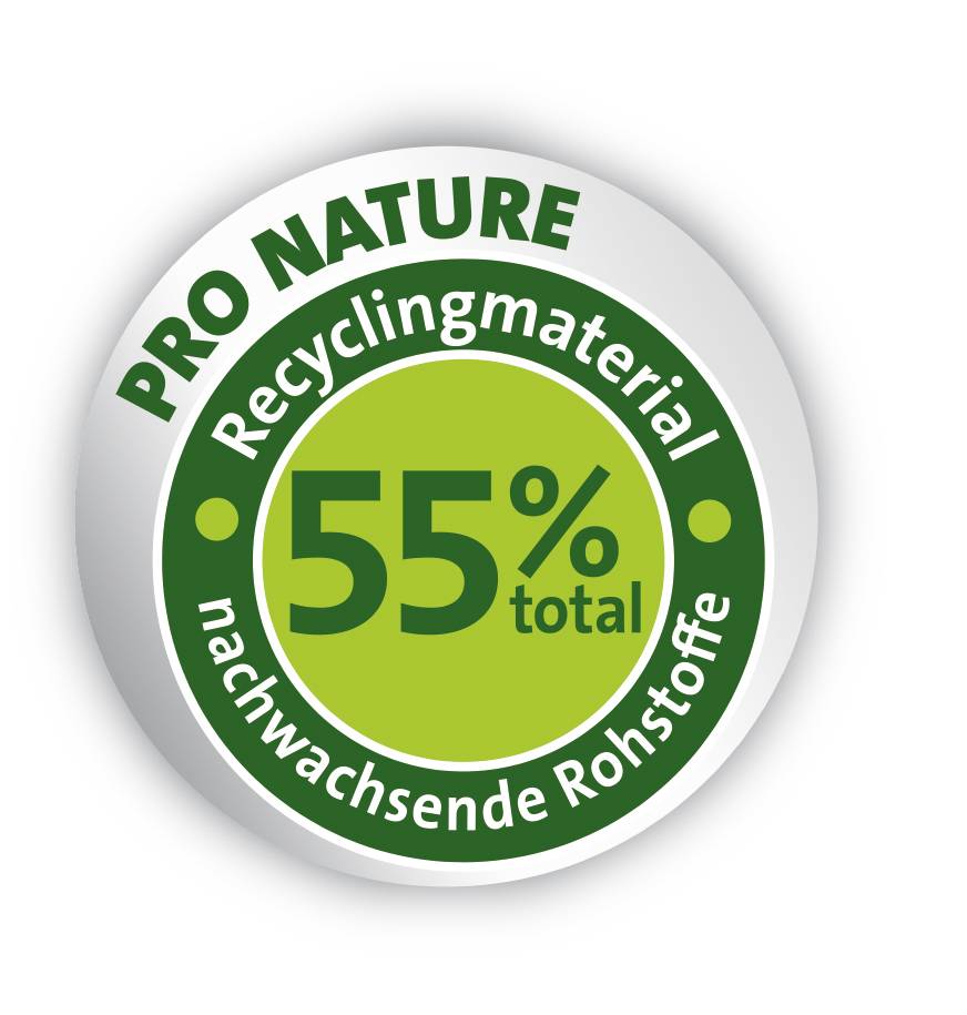 Logo 'PRO NATURE': Nálepka ukazuje '55% celkovo' recyklovaného materiálu z obnoviteľných surovín.