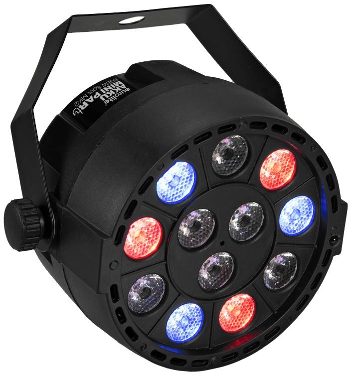 Guľový LED par reflektor s čiernym krytom, vybavený červenými, modrými a bielymi svetlami pre javiskové osvetlenie.