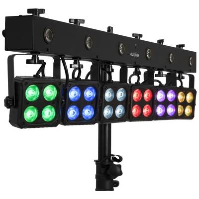 LED svetelná jednotka s viacerými farebnými svetlami, usporiadanými do štyroch skupín: zelená, modrá, červená a žltá, namontovaná na tyči.
