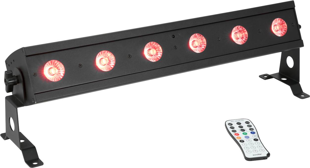 Čierny LED svetelný panel so šiestimi červenými svetlami a diaľkovým ovládačom na nastavenie farieb.