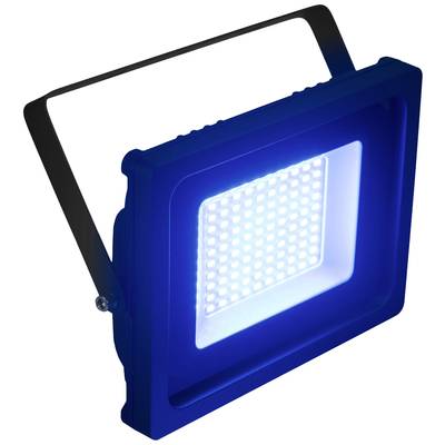 Modrá LED reflektor s jasne modrým svetlom, obdĺžnikovým tvarom a čiernou upevňovacou svorkou.