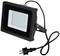 Obdĺžnikový LED reflektor s čiernym krytom a sieťovou zástrčkou, vhodný pre vonkajšie osvetlenie.