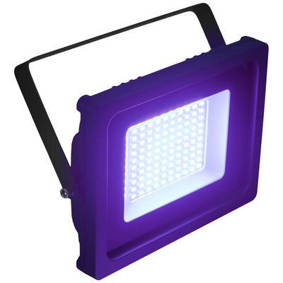 Štvorcový LED reflektor s modrou žiarovkou, namontovaný na čiernom ramene, pred bielym pozadím.