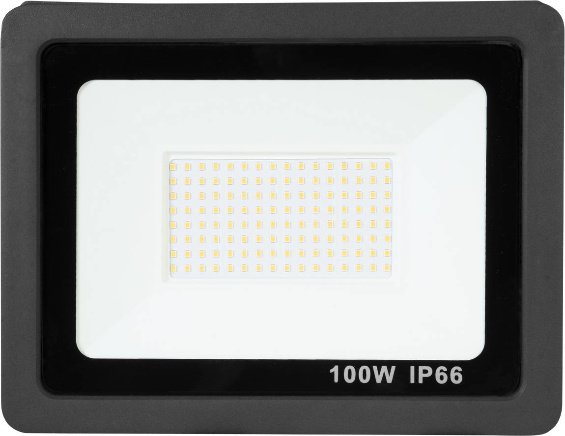 LED reflektor s čiernym rámom, 100W výkon, stupeň krytia IP66. Vhodný do exteriéru.