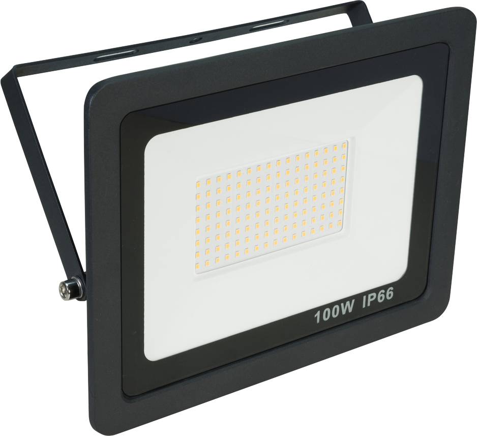 LED reflektor so 100W výkonom a ochrannou triedou IP66, obdĺžnikového tvaru, vhodný do exteriéru, s čiernym držiakom.