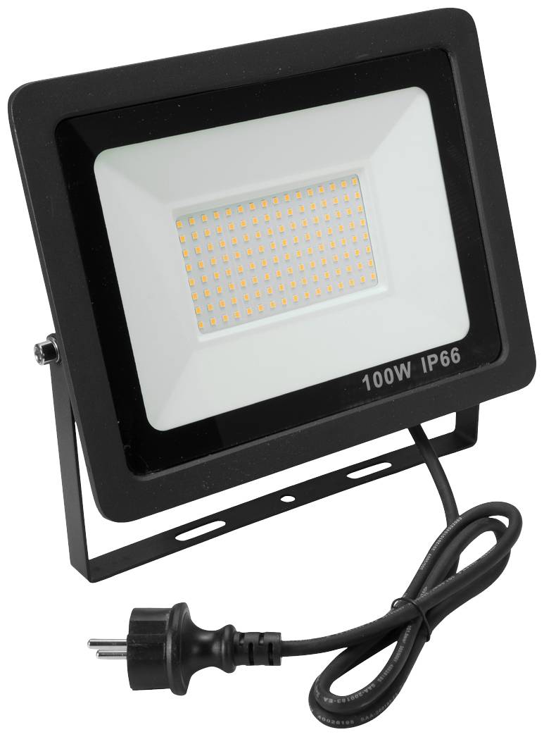 Čierny LED reflektor s výkonom 100W a stupňom krytia IP66. Pripojený elektrický kábel so zástrčkou.
