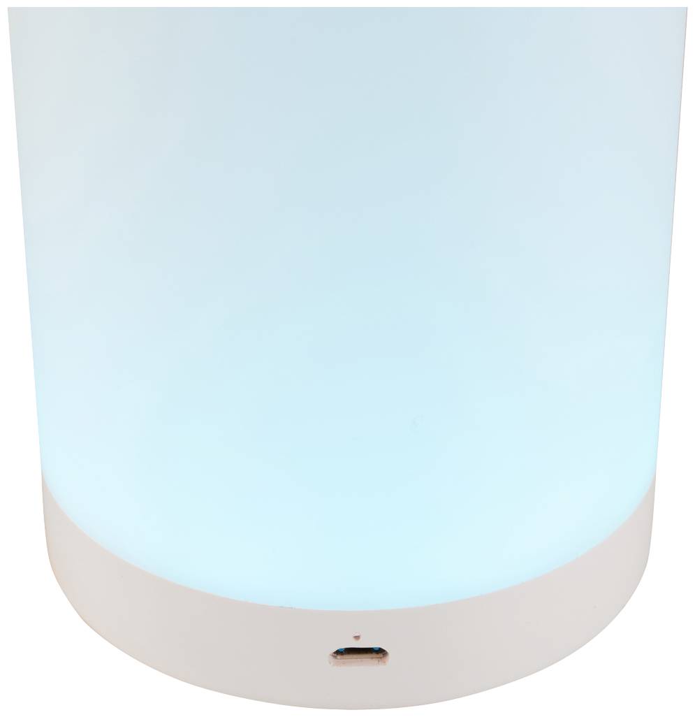 Valcová stolná lampa s jemným modrým svetlom a USB portom na základni.