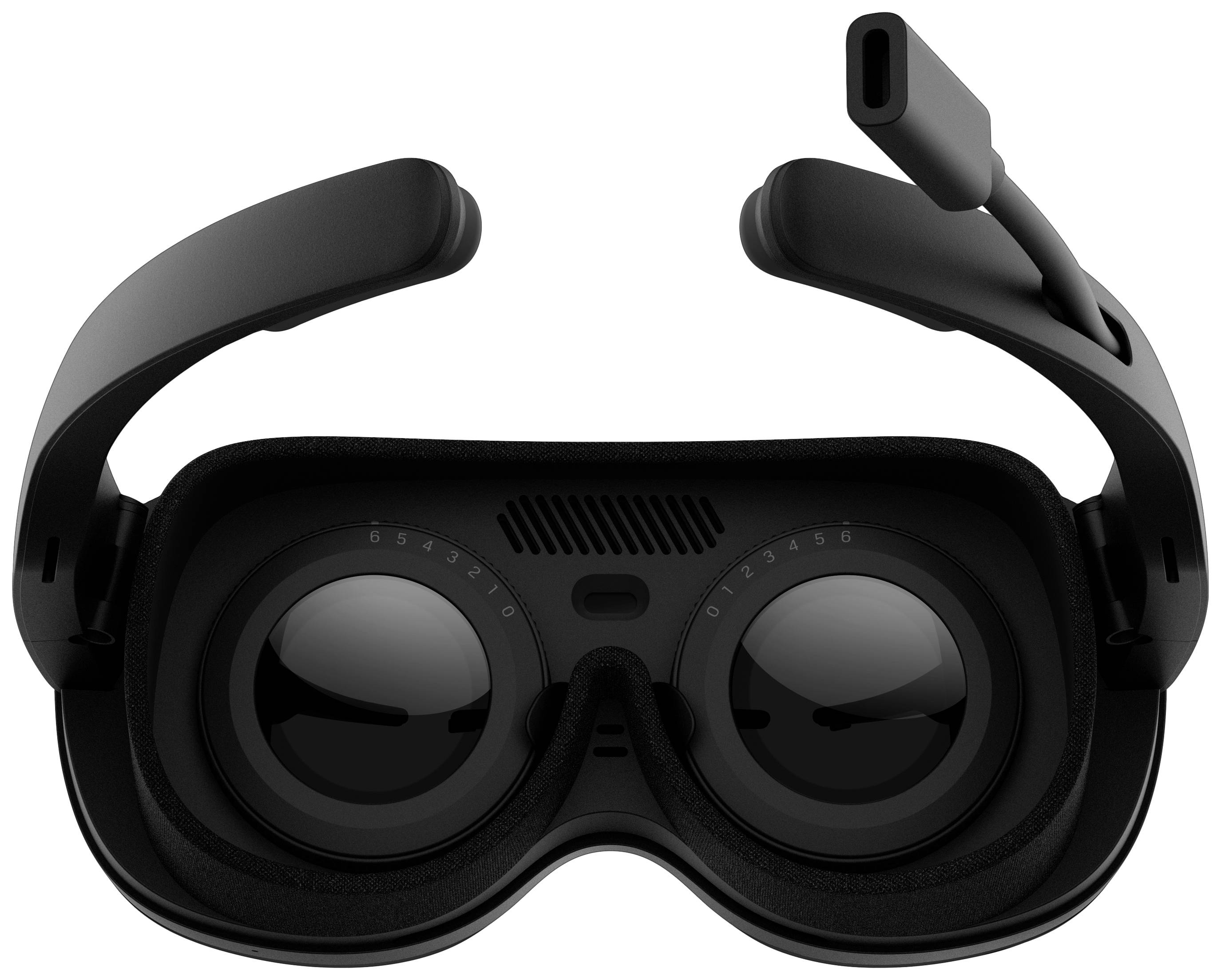 Headset virtuálnej reality v čiernej farbe, zobrazujúci vnútornú stranu s dvoma veľkými šošovkami.